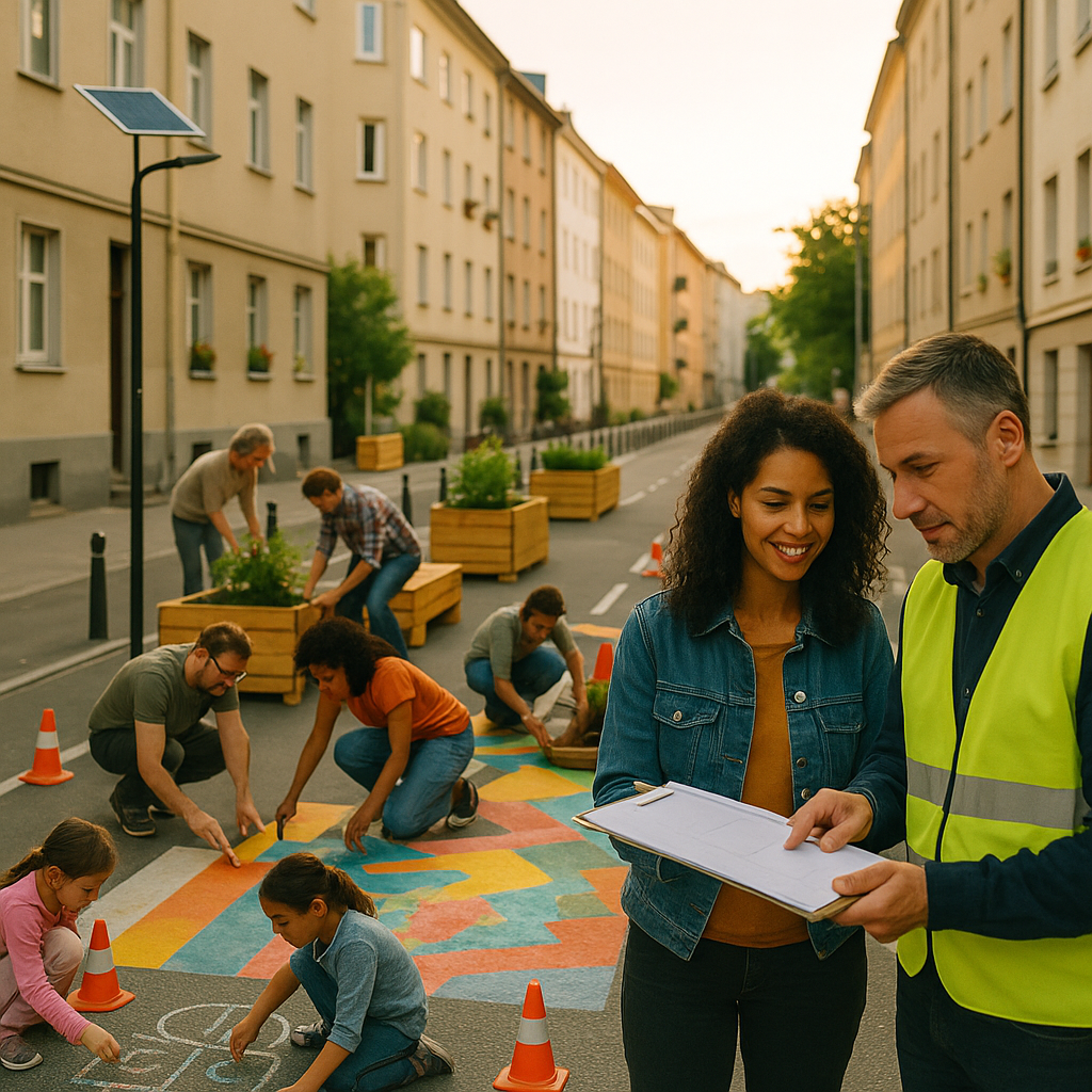Bürgerinitiativen verwandeln Straße: urbane Innovation, sichere Freizeitfläche, nachhaltige Stadtentwicklung, kooperativ